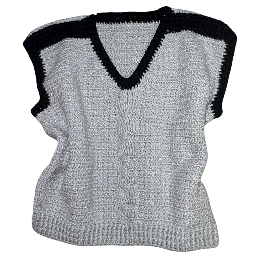 VTG Y2K Hand Crocheted Silver Knit Thick Sweater Top Sz LG Oversized Cottagecore